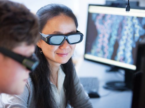 3-D glasses allow Chen to easily see renderings of transporter molecules from different angles.