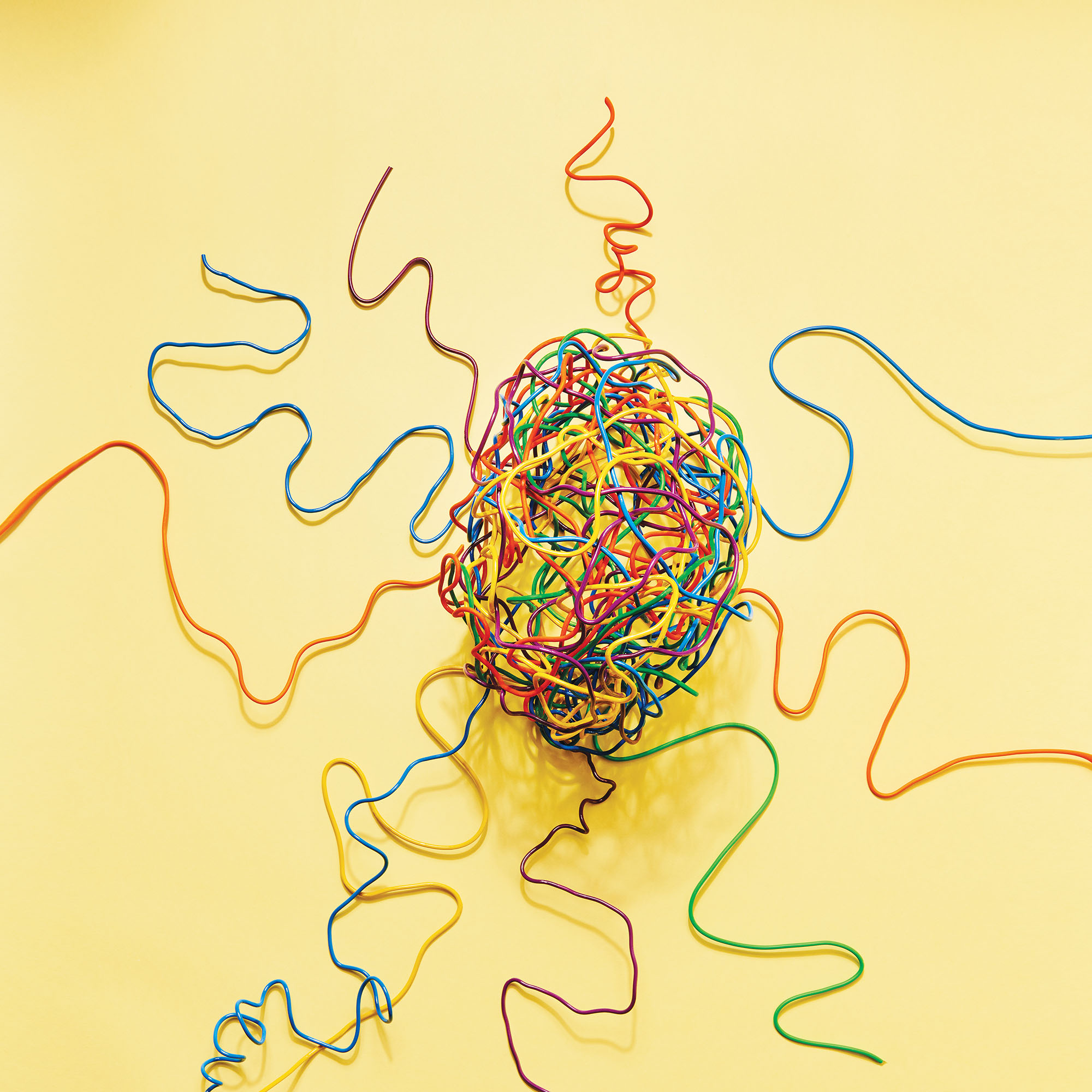 A brain made out of twisted, multicolored wires