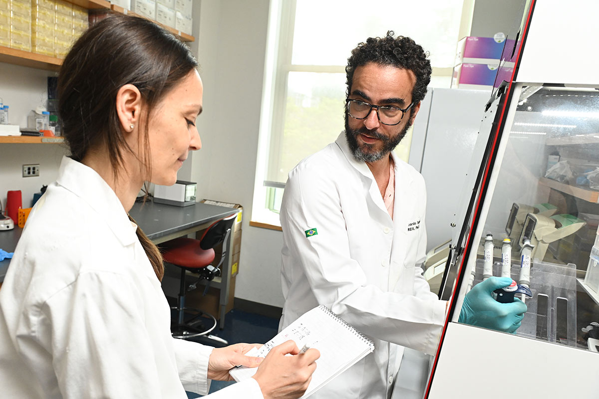 Albana Kodra, postdoc, and former Mucida lab colleague Bernardo Reis utilizing specialized equipment to prepare delicate intestinal samples for analysis.