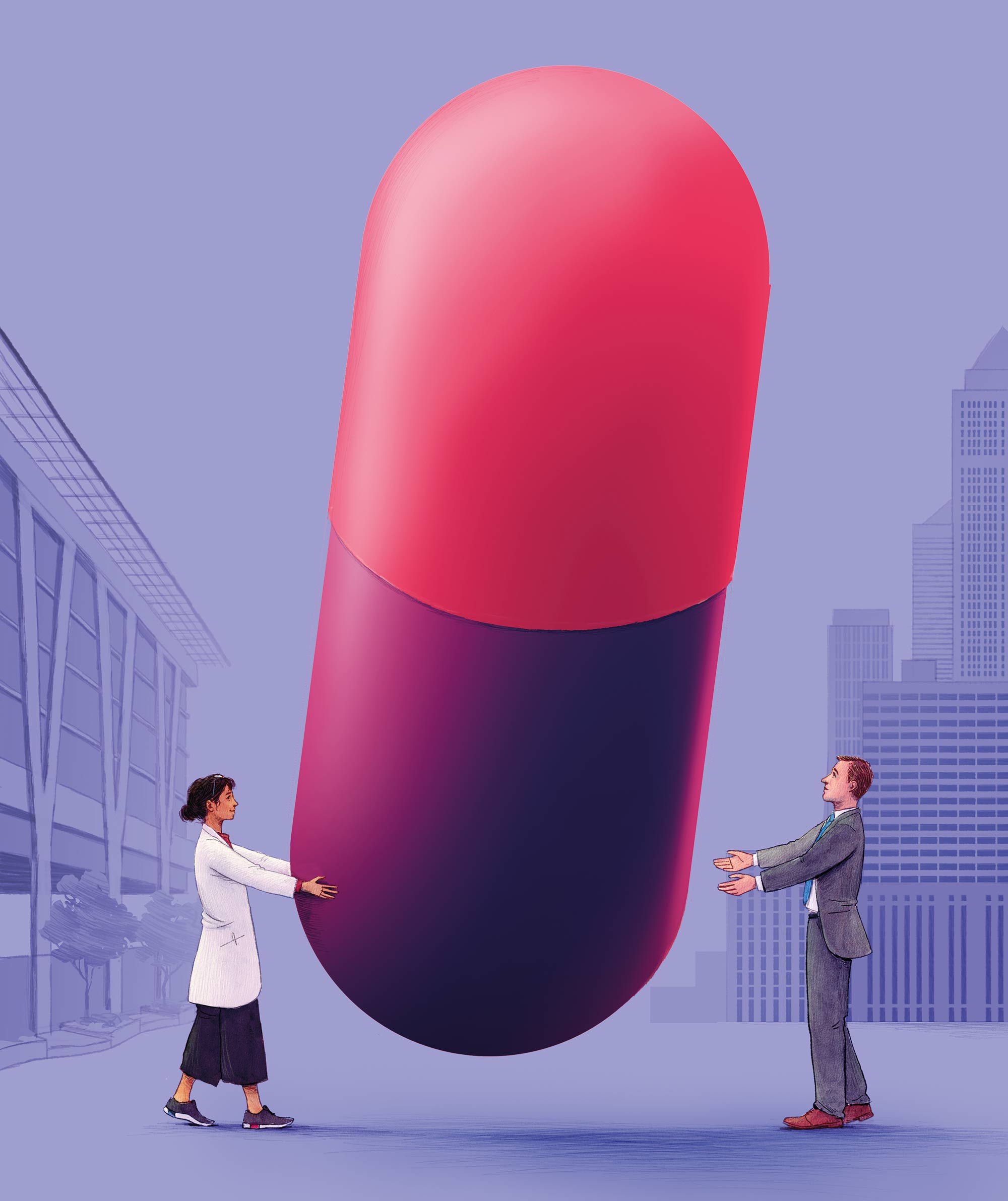 A person in a lab coat hands off an oversized pill to a person wearing a suit.