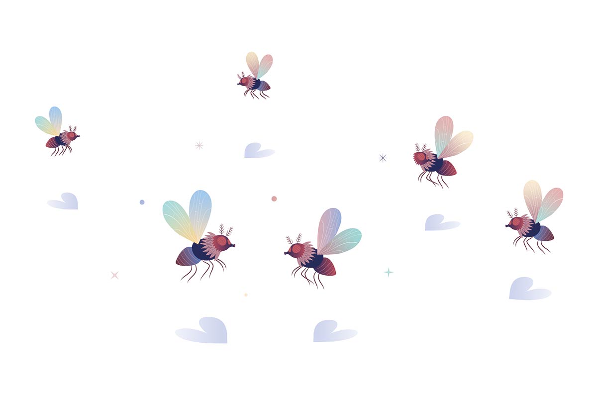 Illustration of fruit flies with heart wings