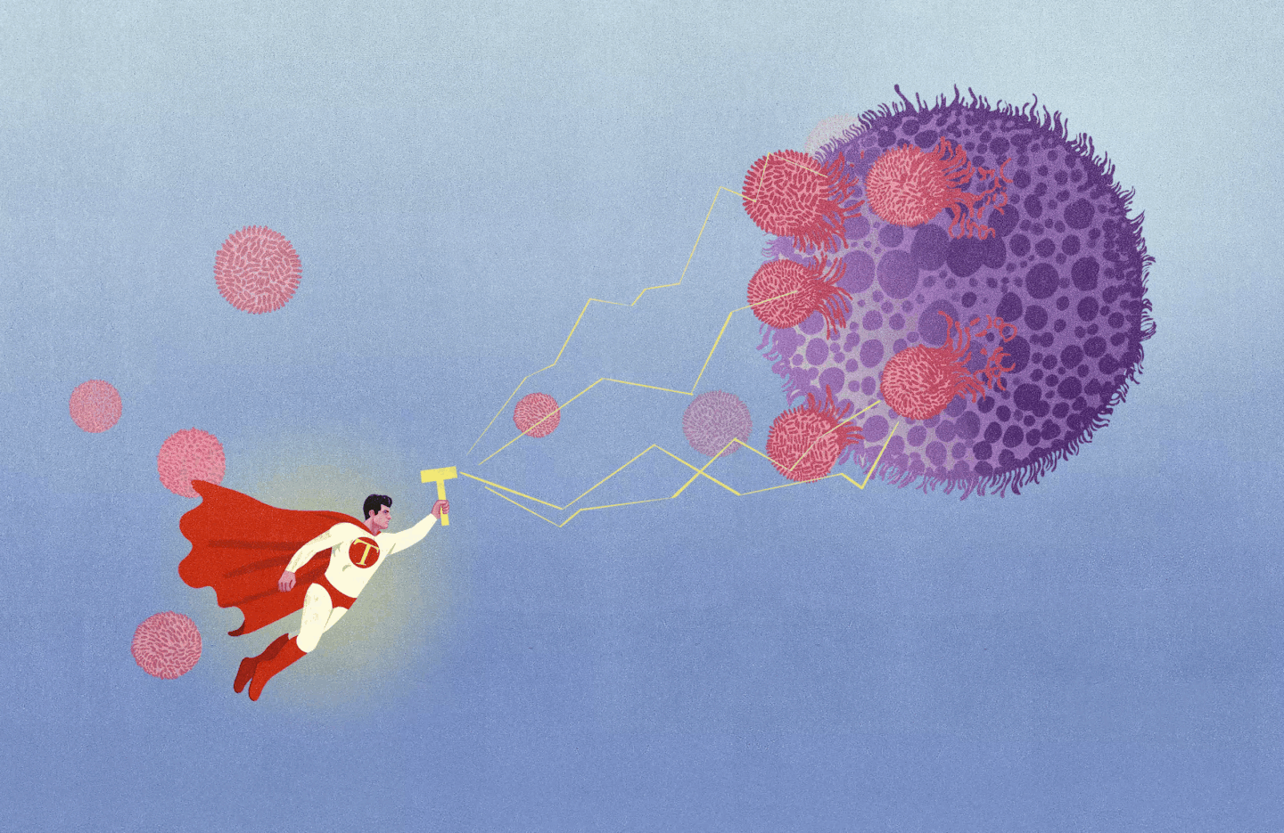 A hero in a cape sends lightening bolts to a cell