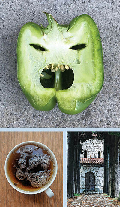 Examples of pareidolia in a green pepper, house, and cup of coffee
