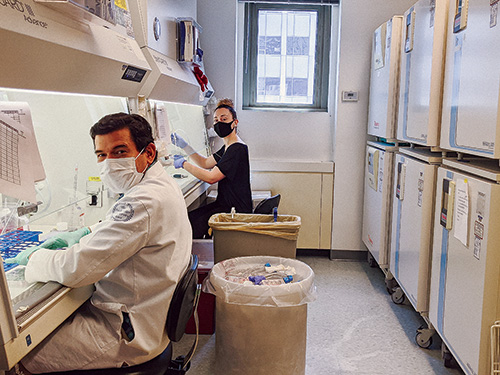 Visiting Professor Andres Arias and former grad student Marie Materna in the Casanova lab in June.