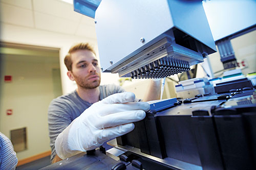 A research assistant using scientific lab equipment.